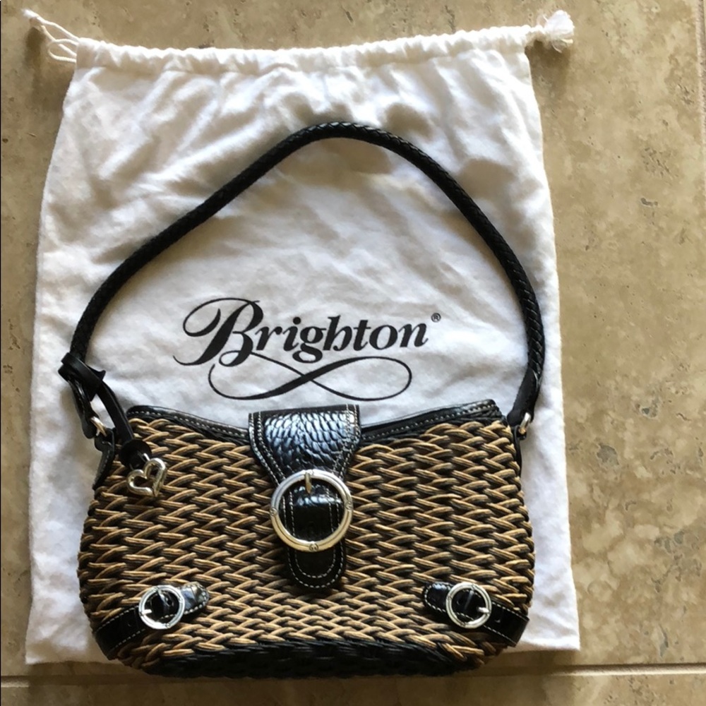 Brighton Straw and Leather Black and Tan HandBag